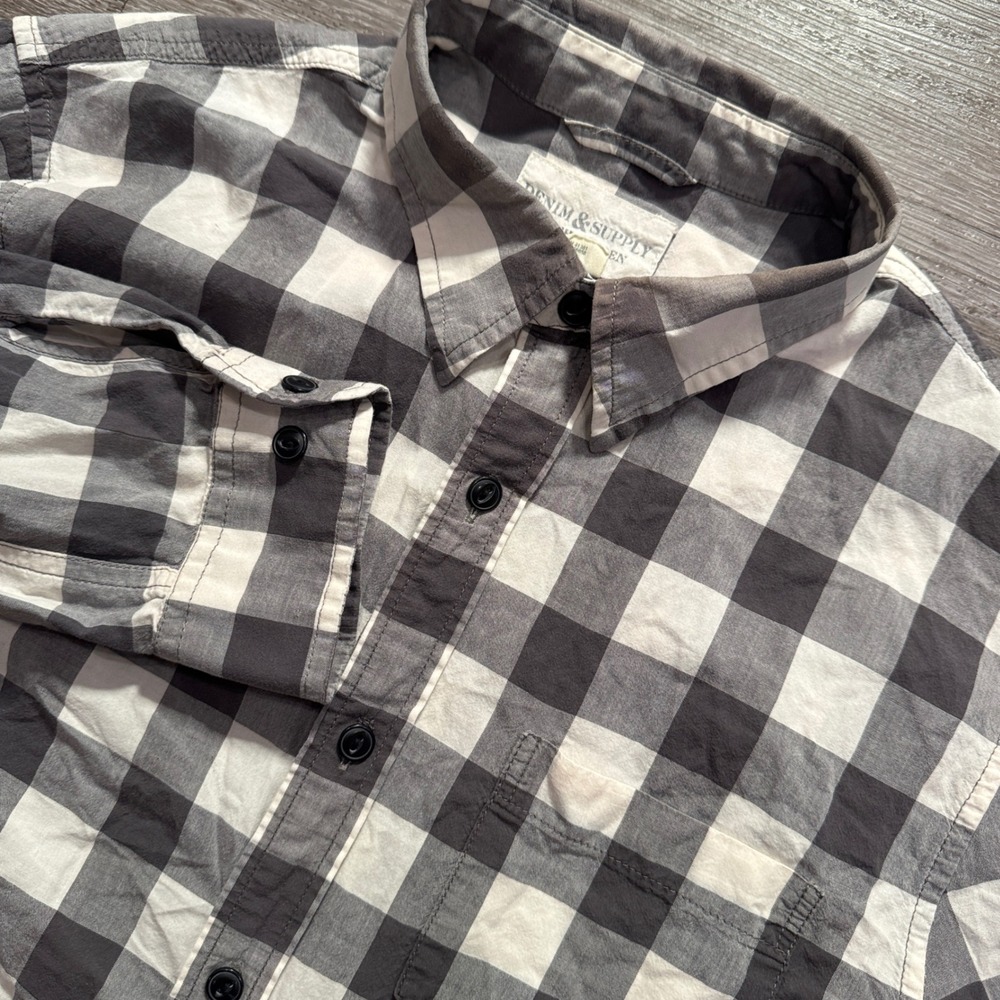 Denim & Supply Ralph Lauren Shirt Mens L Gray White Plaid Cotton Buffalo Flannel